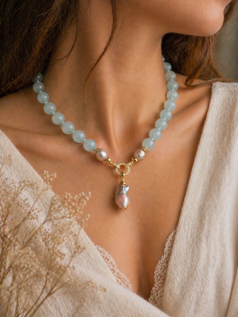 Aquamarine & Pearl Statement Necklace | Gold Plated CZ Clasp | Blue Beaded